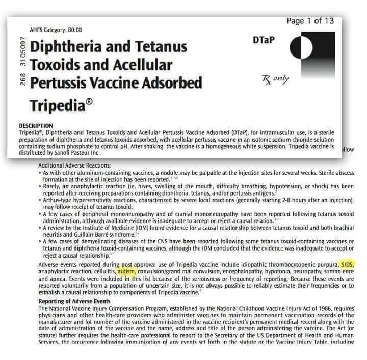 SIDS and Autism in Tripedia insert
